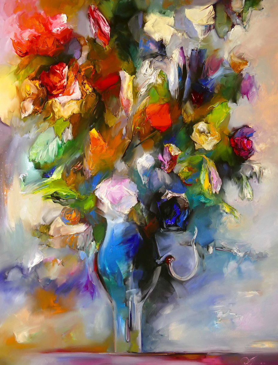 obraz olejny bukiet kwiatów w wazonie