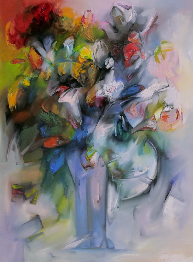 obraz olejny przedstawiający bukiet kwiatów w wazonie. 