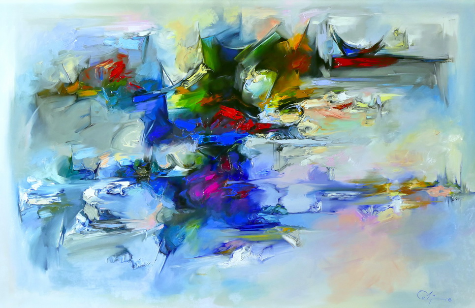 obraz olejny abstrakcyjny biało niebieski