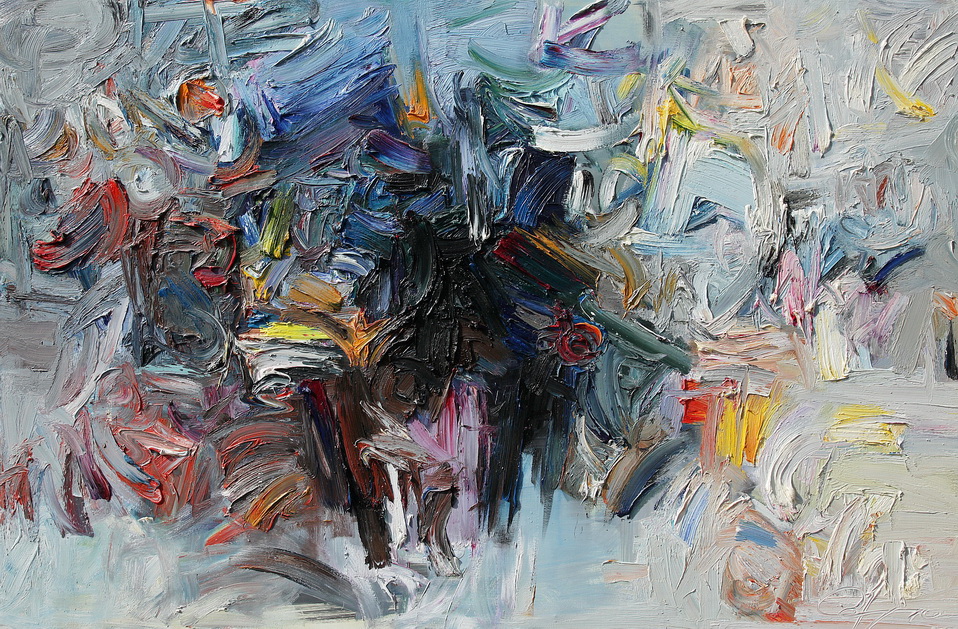 obraz abstrakcja w stylu Pollocka, czarny środek, kolorowe obżeża